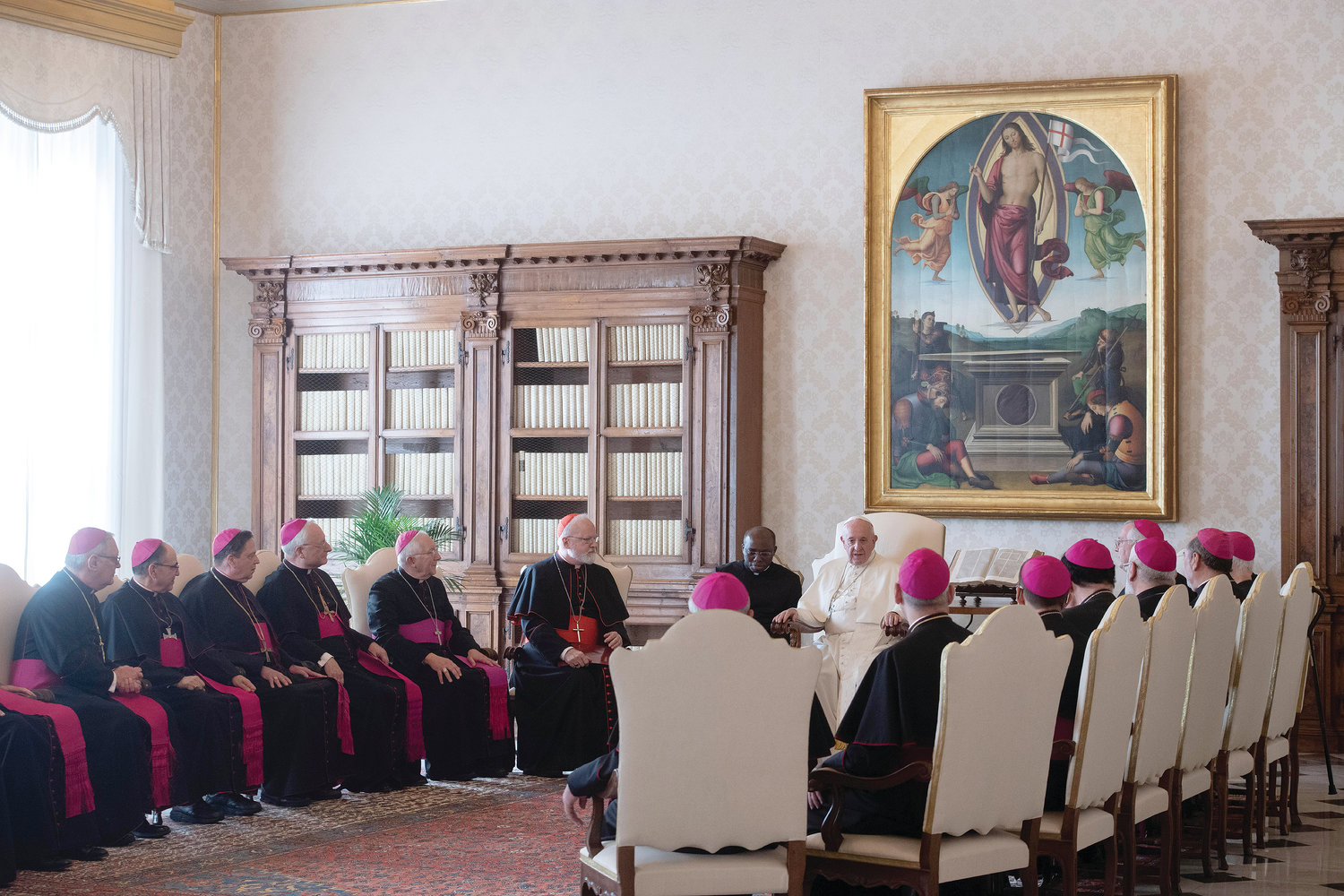 Pope Francis meets with U.S. bishops from the New England States at the Vatican Nov. 7, 2019. The bishops were making their "ad limina" visits to the Vatican to report on the status of their dioceses to the pope and Vatican officials. (CNS photo/Vatican Media) See ADLIMINA-ONE-STPETER and POPE-ADLIMINA-ONE Nov. 8, 2019.